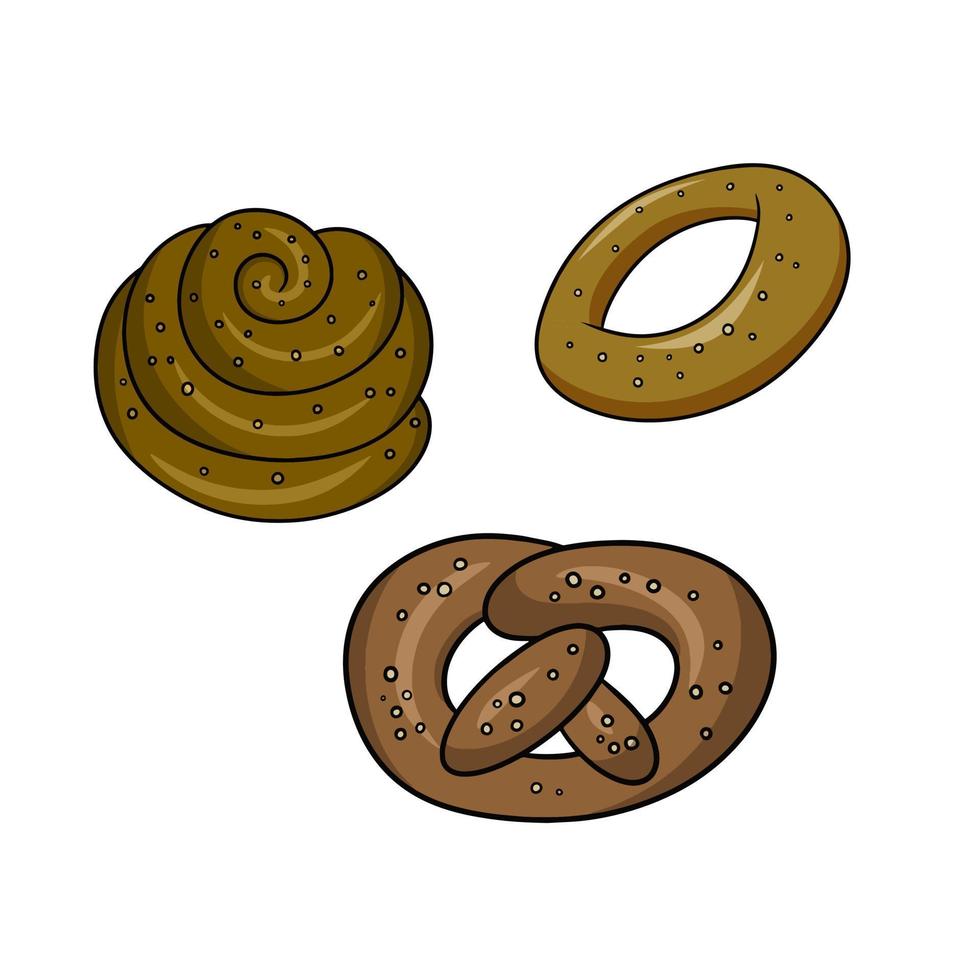 A set of delicious cakes, pretzels and bagels sprinkled with sesame and poppy seeds, vector cartoon illustration on a white background