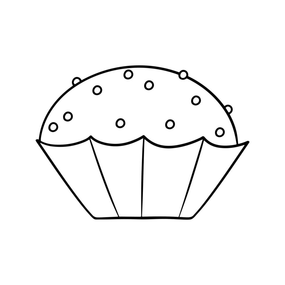 Monochrome picture, Round cupcake with sugar crumbs in a cup, vector illustration in cartoon style on a white background
