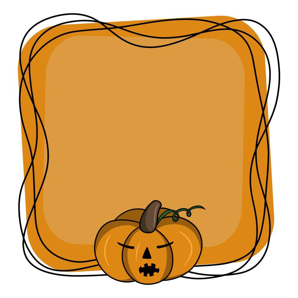 Cute pumpkin is sleeping, bright square Halloween frame, copy space, cartoon-style vector illustration