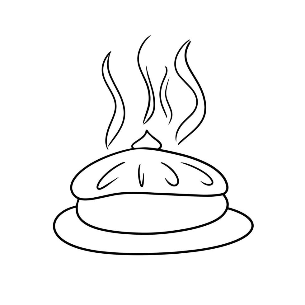 Monochrome picture, Delicious hot autumn pie with fruit filling, vector illustration in cartoon style on a white background