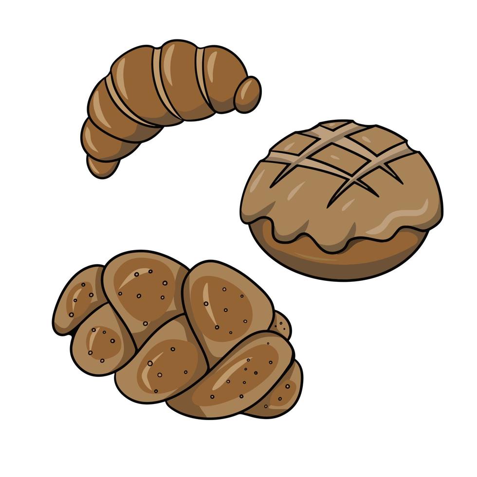 Set of Braided sweet buns sprinkled with sugar and poppy seeds, vector illustration in cartoon style on a white background