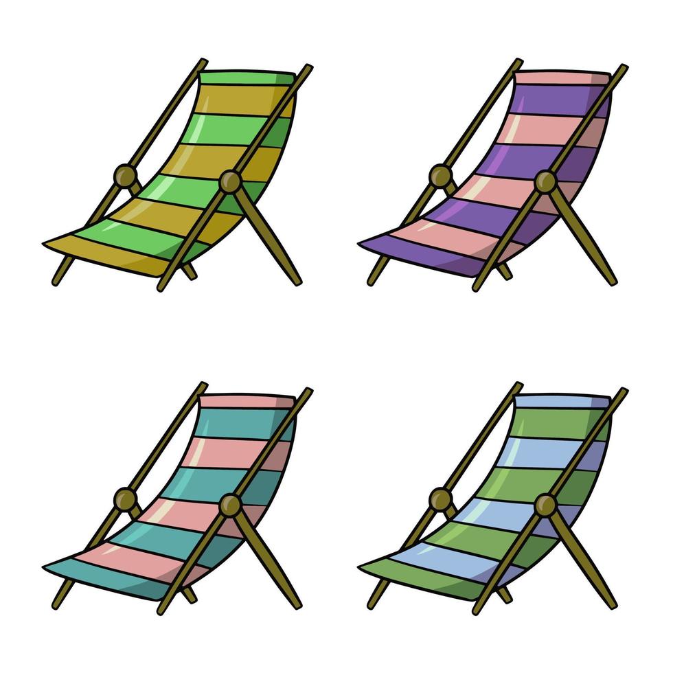 un conjunto de íconos de colores, una silla de playa de rayas multicolores, una cómoda ilustración de vector de chaise longue en estilo de dibujos animados sobre un fondo blanco