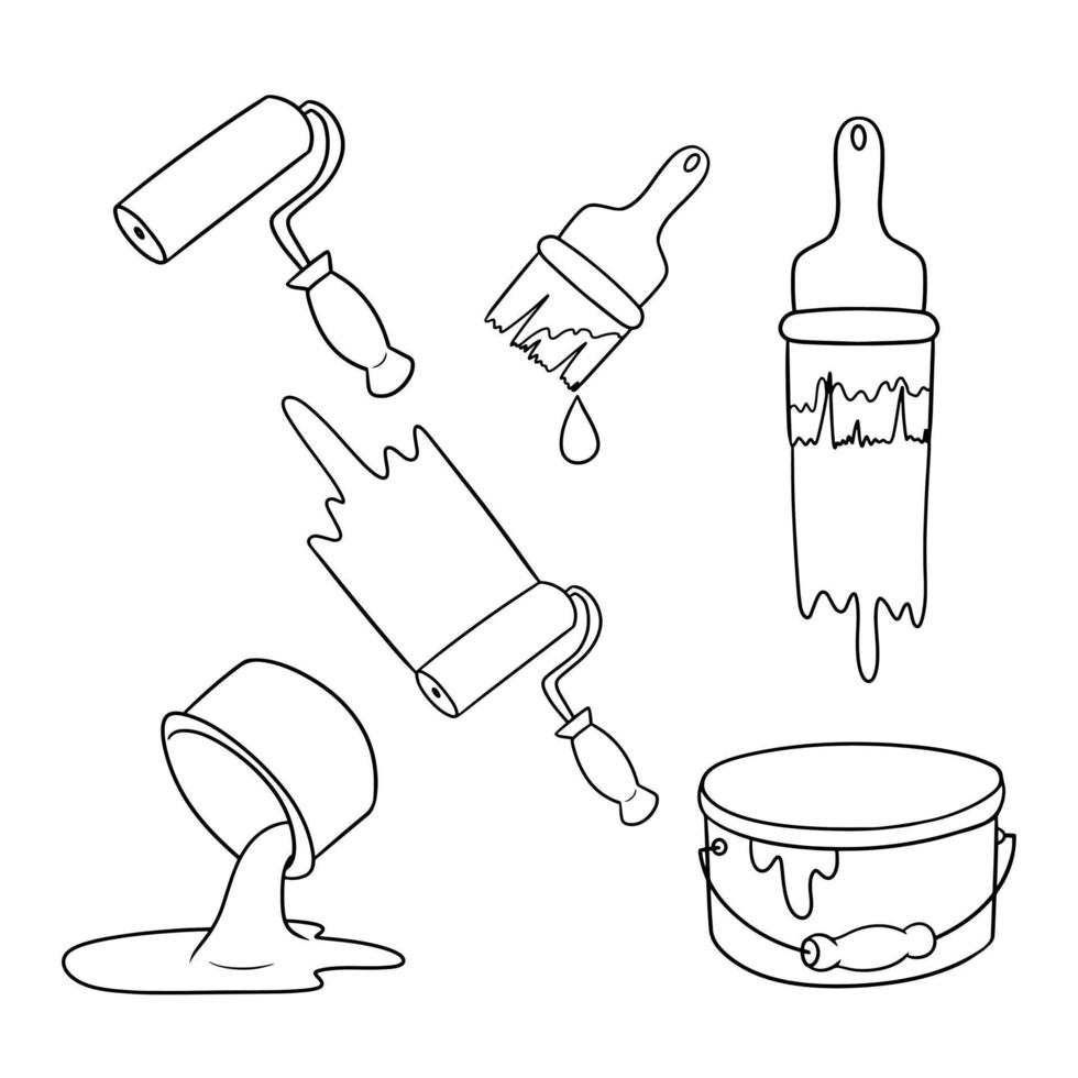 Monochrome set of icons, large cans of paint, brushes and paint rollers, vector illustration in cartoon style on a white background