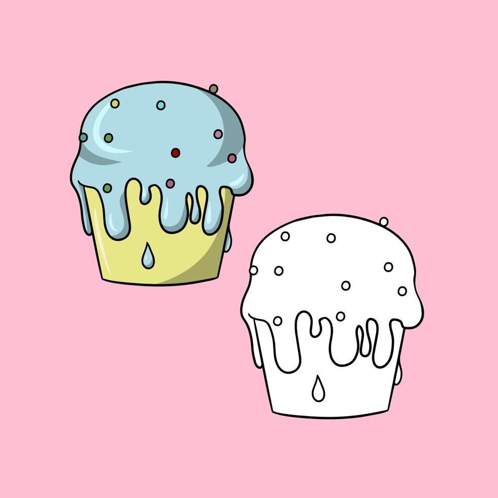 A set of pictures, a delicious cupcake poured with sweet delicate cream and sugar sprinkles, a vector illustration in cartoon style on a colored background