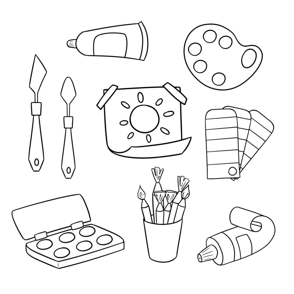 Monochrome icon set, drawing accessories, paints, palettes, brushes and palette knives, vector illustration in cartoon style