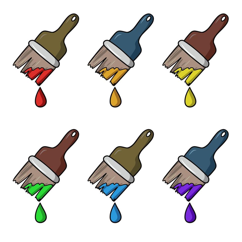 A set of icons, a wide brush with different colors, a drawing tool, Dripping liquid paint, a vector illustration in a cartoon style on a white background