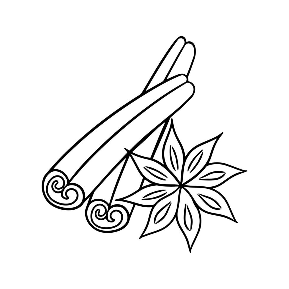 palo de canela monocromático y especias de anís estrellado, ilustración de dibujos animados vectoriales en un fondo blanco vector