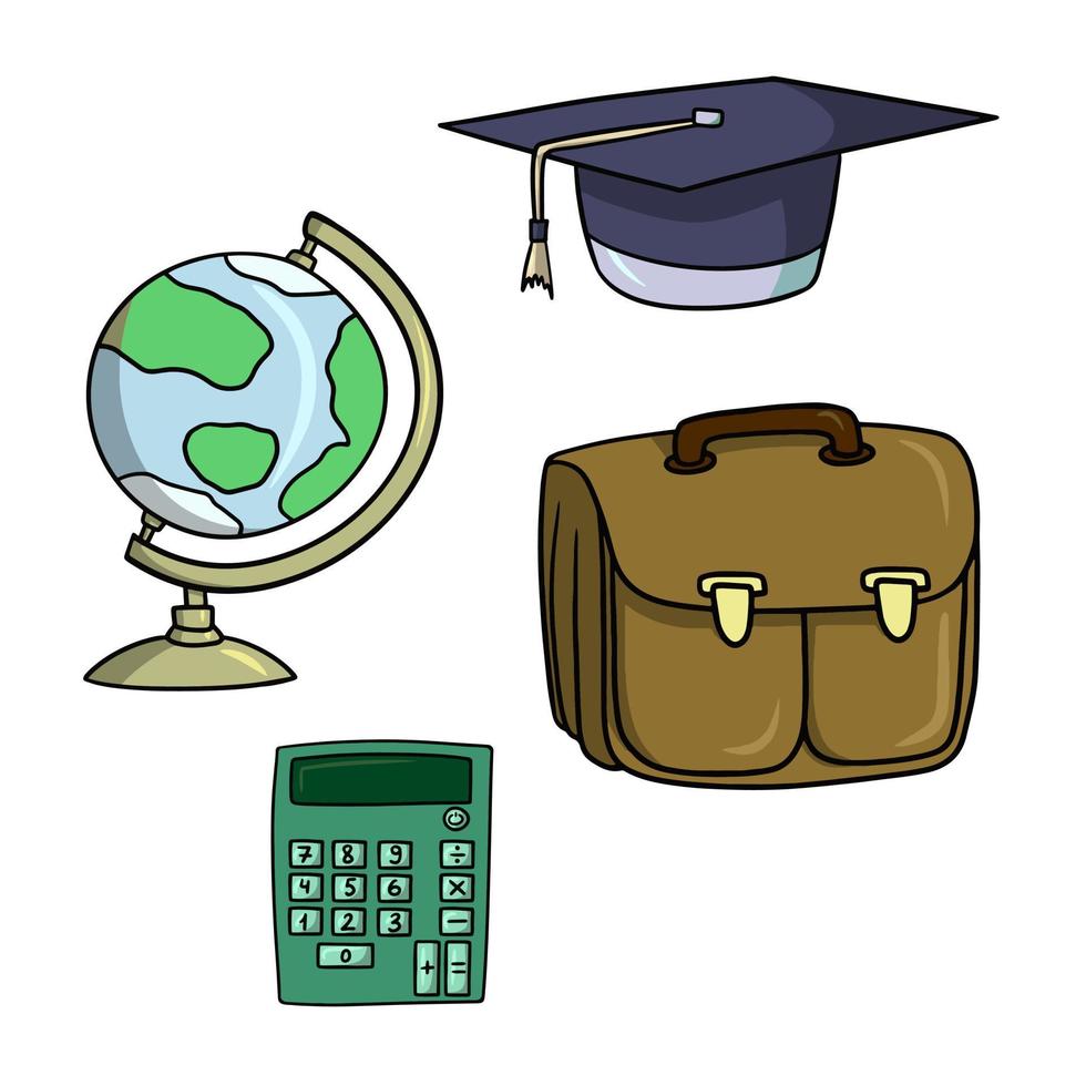 A set of icons, a school collection, a globe on a stand, a green calculator, briefcases and a graduate hat, a vector illustration in cartoon style