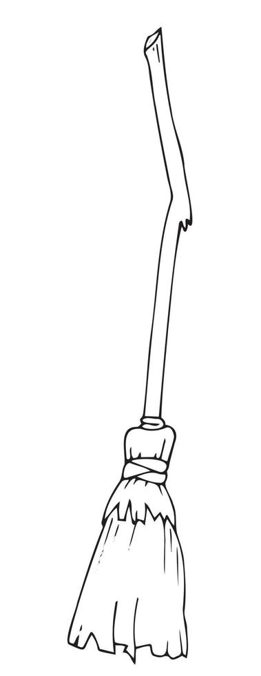 WebVector image of a witch's broom for Halloween. Doodlle. Black outline. Hand-drawn. Design of posters, postcards, invitations to the holiday, decor. vector