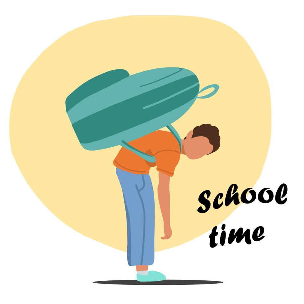 Weba little boy carries a heavy backpack, a schoolboy bent over from the weight of the backpack, a briefcase is too heavy, vector illustration