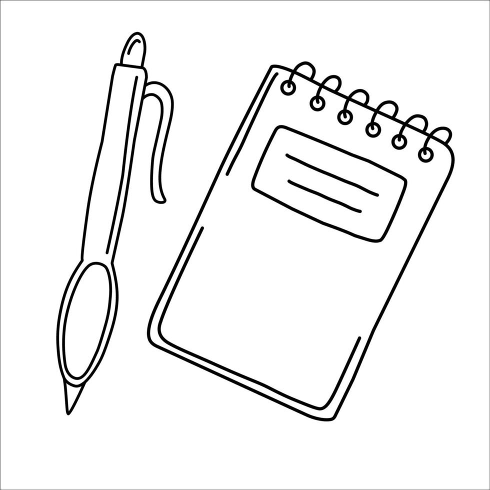 vector illustration set of notepad and pen, black outline, isolated on white background