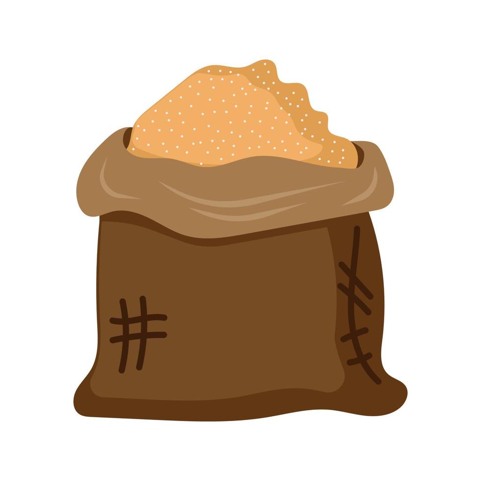 bolsa de icono de comida de vector de azúcar moreno aislado. dibujo de ingrediente de harina de saco dulce. paquete de cocina de cocina y contenedor de edulcorante de arpillera de símbolo. bolsa marrón de sacarosa y gránulos de glucosa en granos