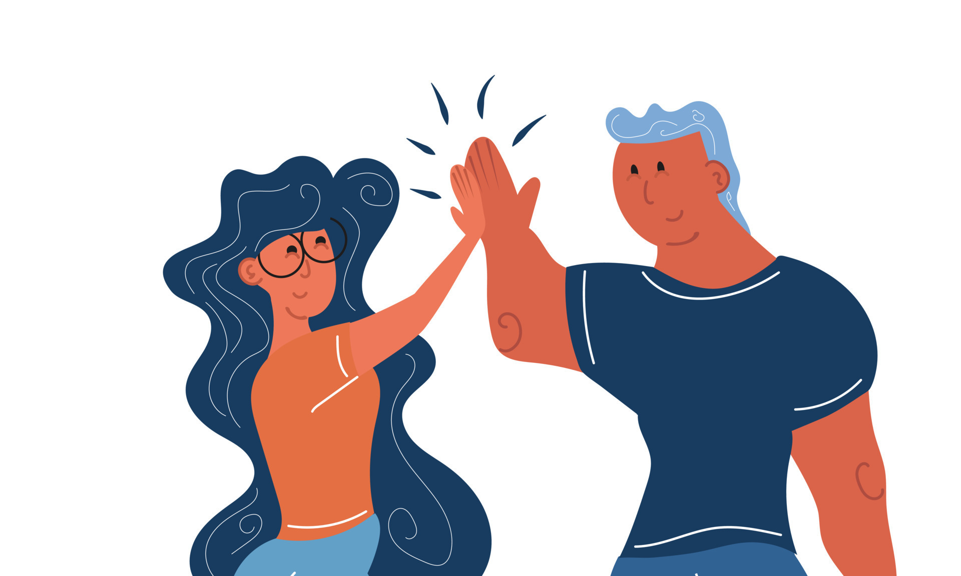 Man and woman give high five with hand and success team together