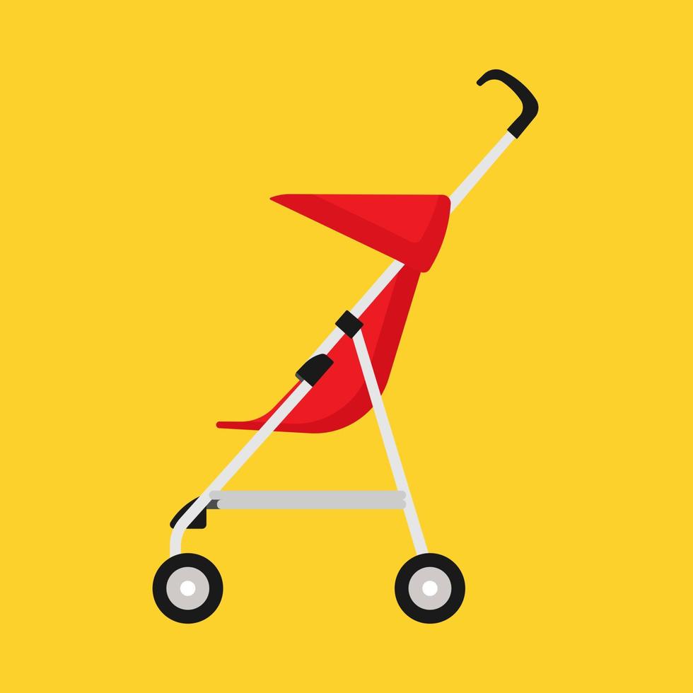 vista lateral del icono del vector del carro rojo del niño del cochecito. Cochecito de bebé infantil. niño rueda plano transporte mamá