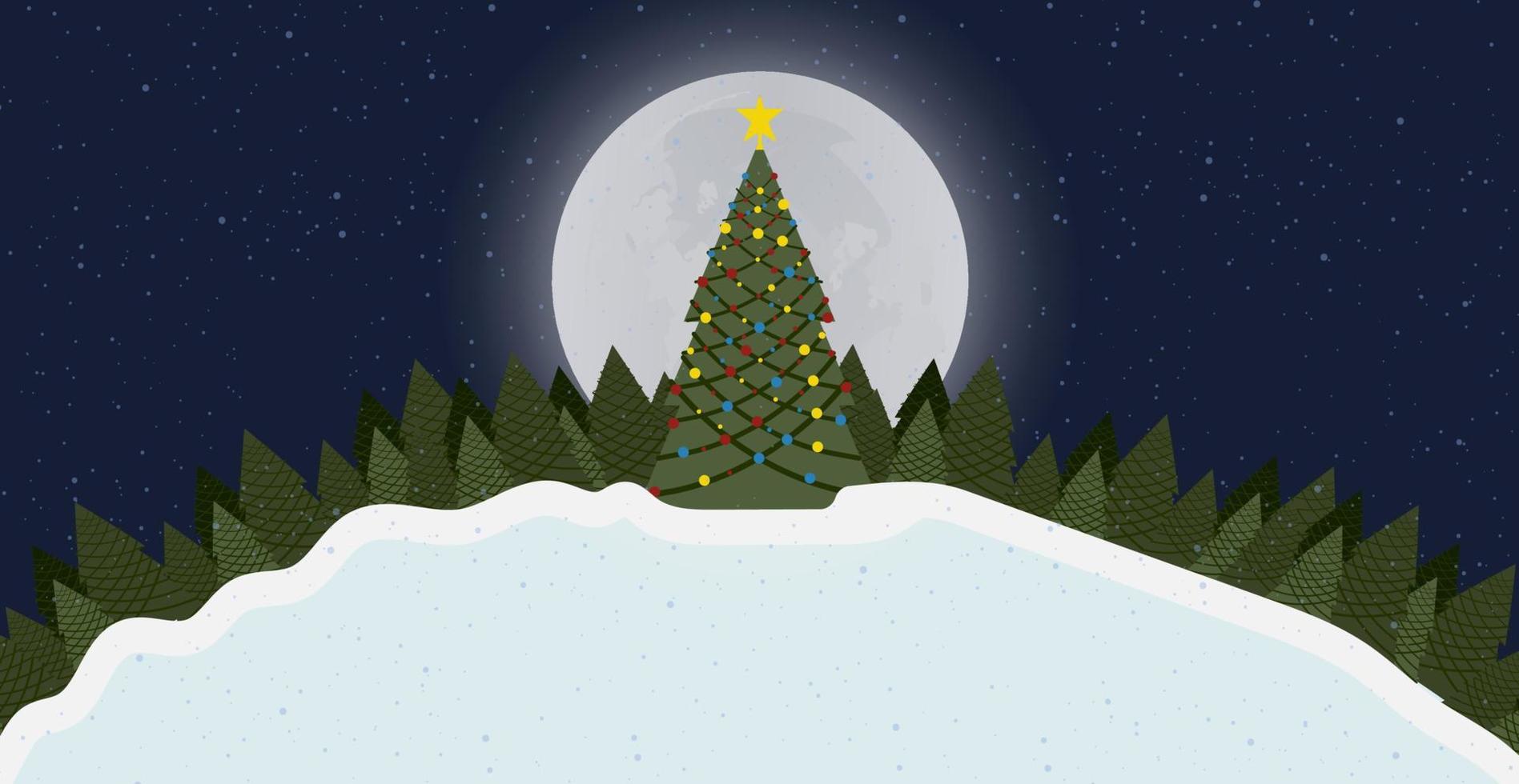 feliz fondo de tarjeta de navidad con árbol y nieve en el bosque nocturno con luna 2020. año nuevo diseño vector ilustración gráfico banner vacaciones. saludo postal navidad invitación arte felicitación