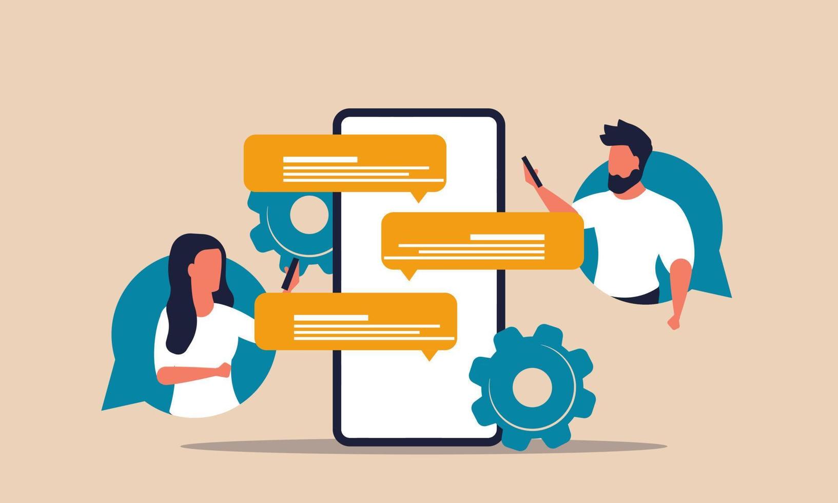 Online comment on phone with man and woman. User talk and message network on chat vector illustration concept. Feedback and support people with smartphone. Human dialog or conversation with connection