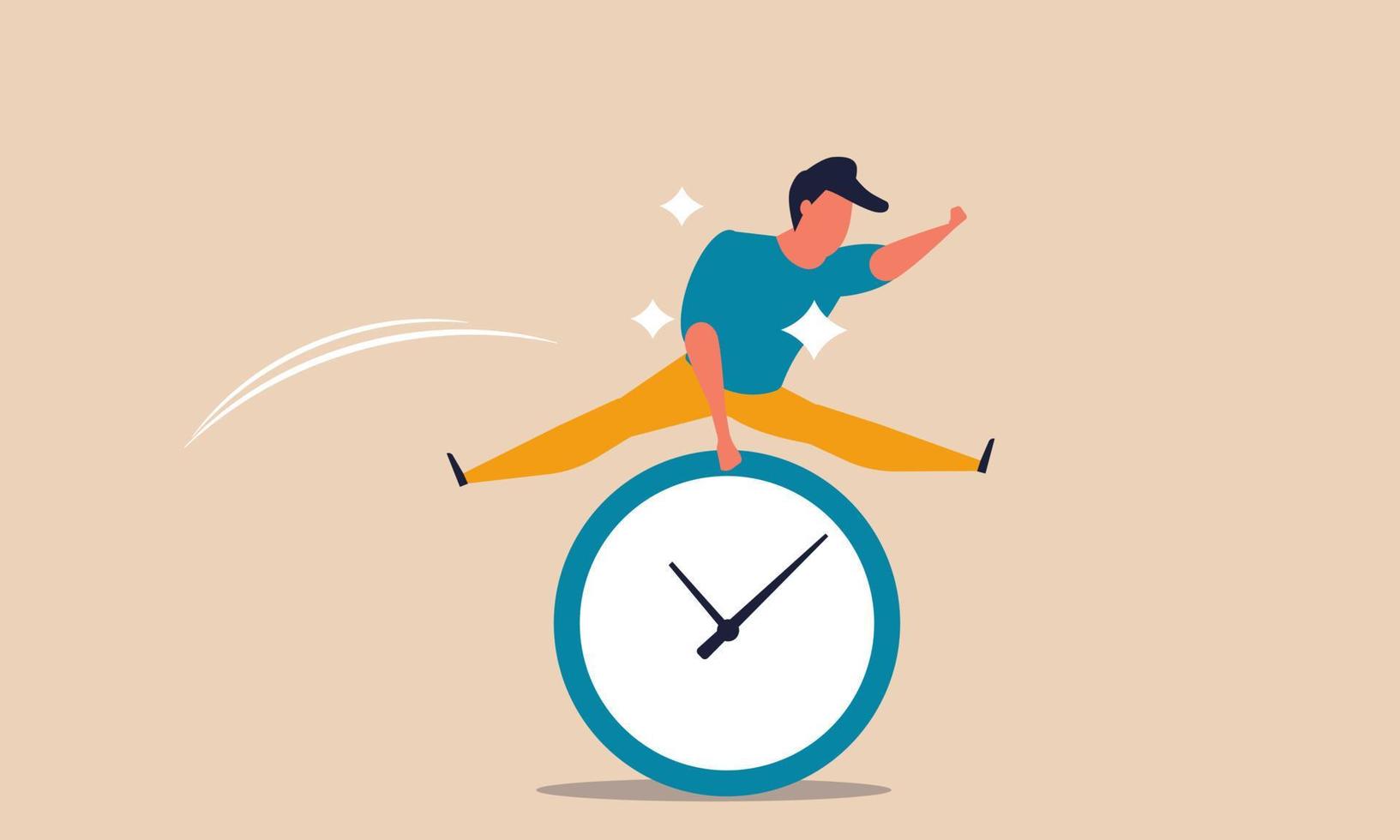 Office time clock and happy businessman. Busy man and deadline. Project schedule and hand plan vector illustration concept. Business character career and jump worker. Confident employee people