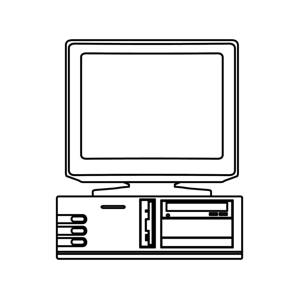 ilustración de tecnología de vector de computadora antigua contorno de pc y escritorio de icono de línea retro. pantalla digital y símbolo de los años 90. diseño de comunicación vintage delgado y equipo plano de oficina objeto personal