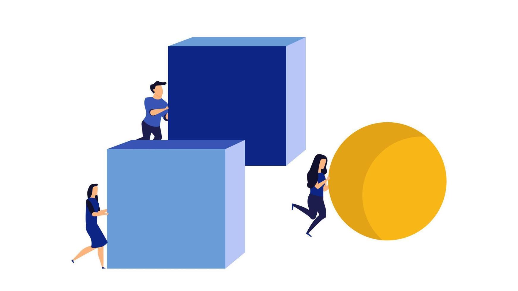 Businessman and businesswoman concept strategy competitor achievement vector with sphere and cube. Cleve leadership efficiency better move ball or box. Smart work performance progress goal forward