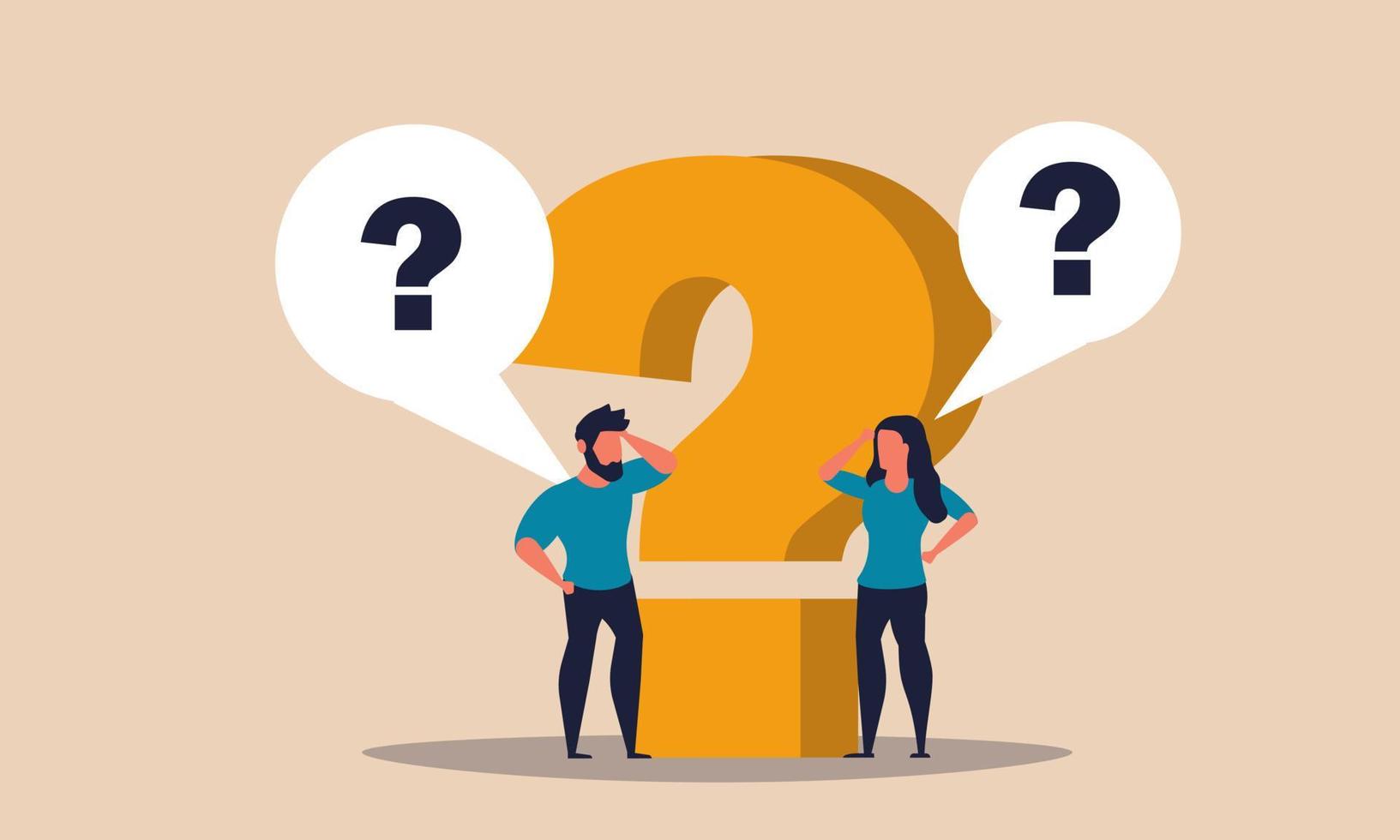 Question problem and answer solution idea with man and woman. Help solve with advice mark vector illustration concept. Support thinking and business discussion. Strategy work character and sign think