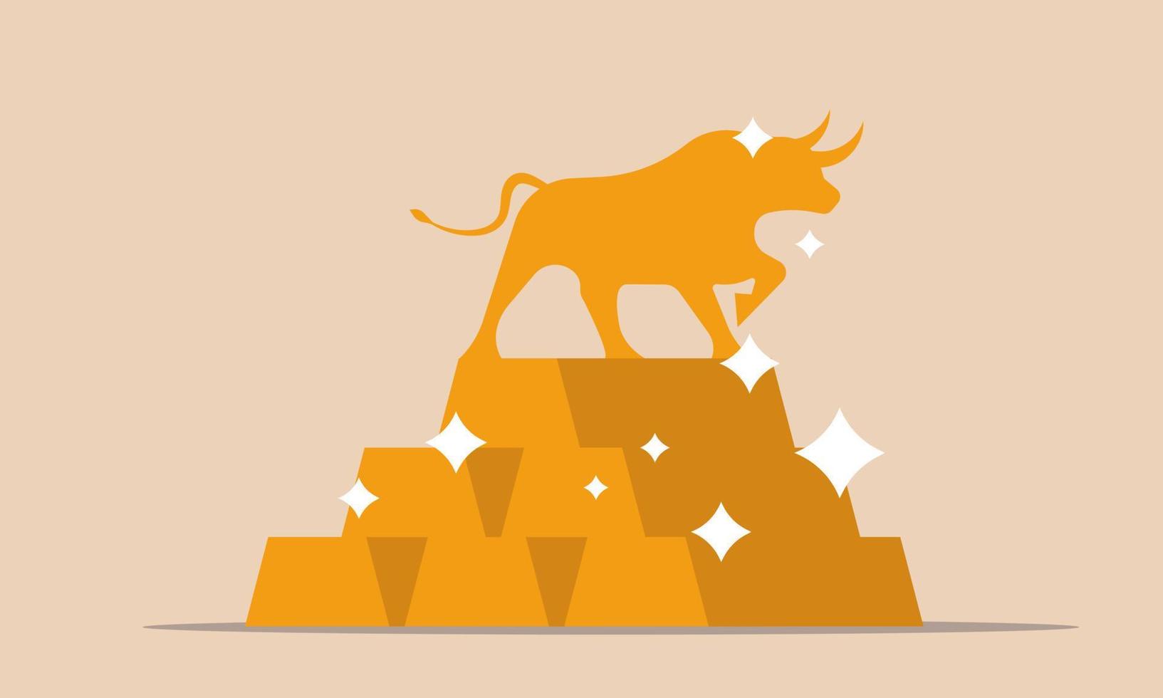 Financial gold bull and positive investment to trading price. Business force to currency money vector illustration concept. Coin treasure and speculation golden capital. Bullion bar and profit market