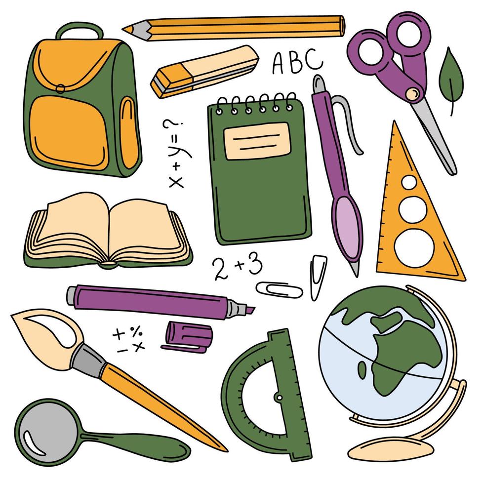 webback to school con útiles escolares dibujados a mano: un conjunto grande. ilustración vectorial de materias escolares de colores. icono de esbozo el fondo es de estilo infantil. el concepto de educación. vector