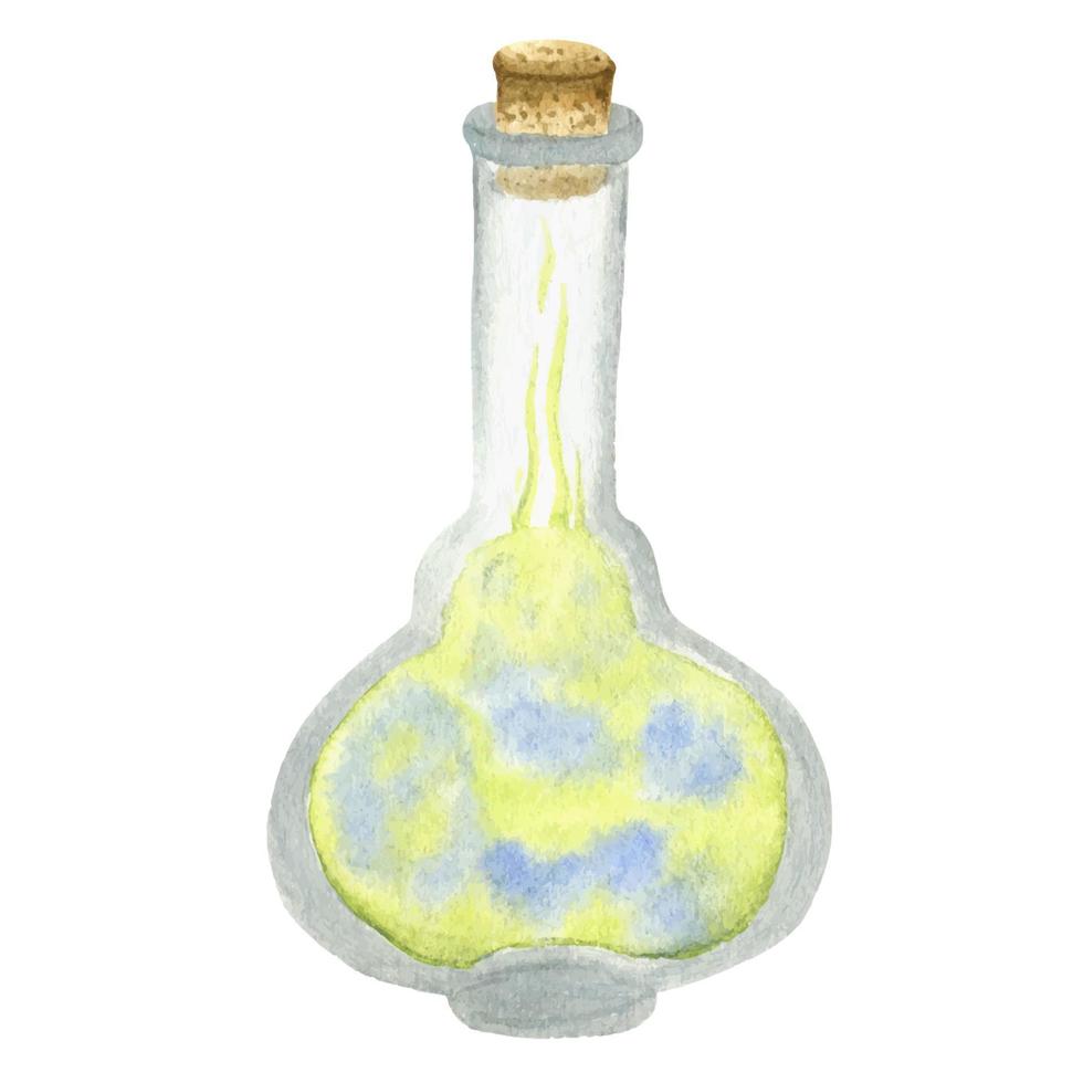 Vector watercolor bottle of magic potion. Witchcraft glass bottle. Alchemy elixir in glass flask. Hand drawn illustration of witch poison.