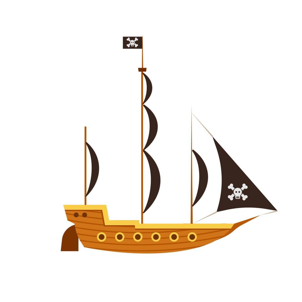 Pirate ship side view vector sea illustration boat ocean. Isolated old adventure flat antique vessel black skull flag icon.