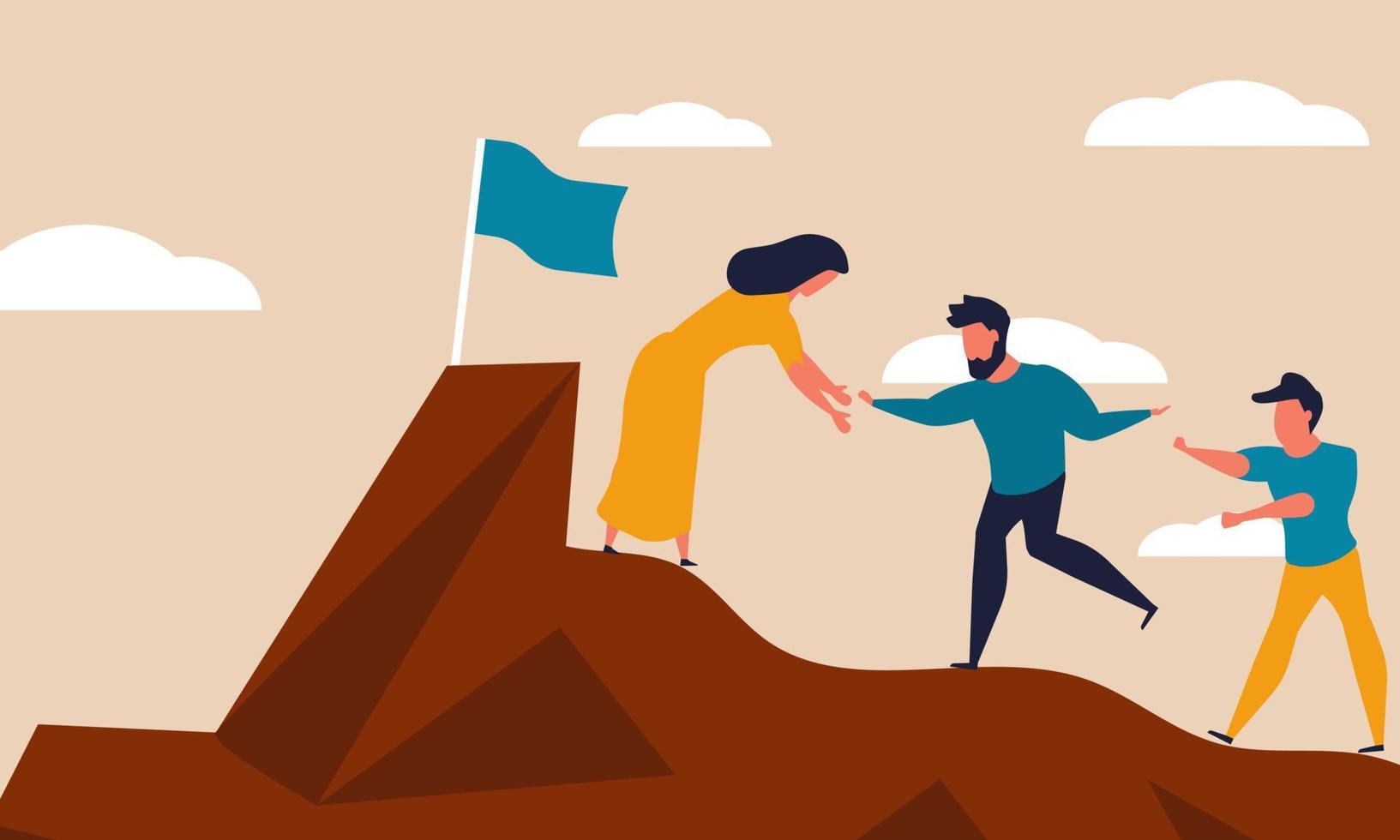 ayuda de montaña de empleados y escalada de riesgo. motivación de liderazgo y concepto de ilustración de vector de cooperación de oportunidad. amistad ayudando y ayudando a las personas del grupo. objetivo y estrategia de trabajo en equipo