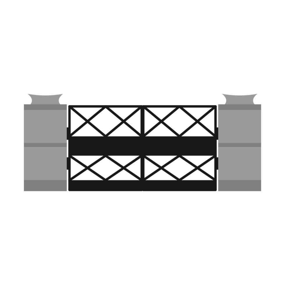 Gate with iron fence door and metal cartoon manor decoration. Front entrance from ironwork grid vector illustration. Old lattice wrought and classic frame ornament for park. Security steel structure
