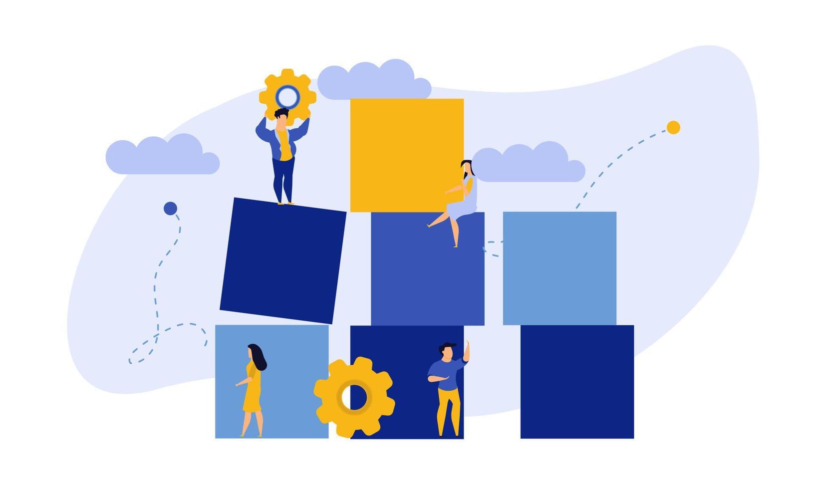 Advertising puzzle from cube block vector flat illustration. Analytics chart business job people teamwork. Community deal banner cooperation jigsaw. Human alliance office group work company team