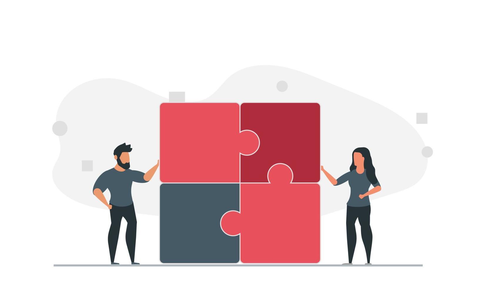 People are trying to solve the puzzle together. Man and woman team solve problem together vector illustration