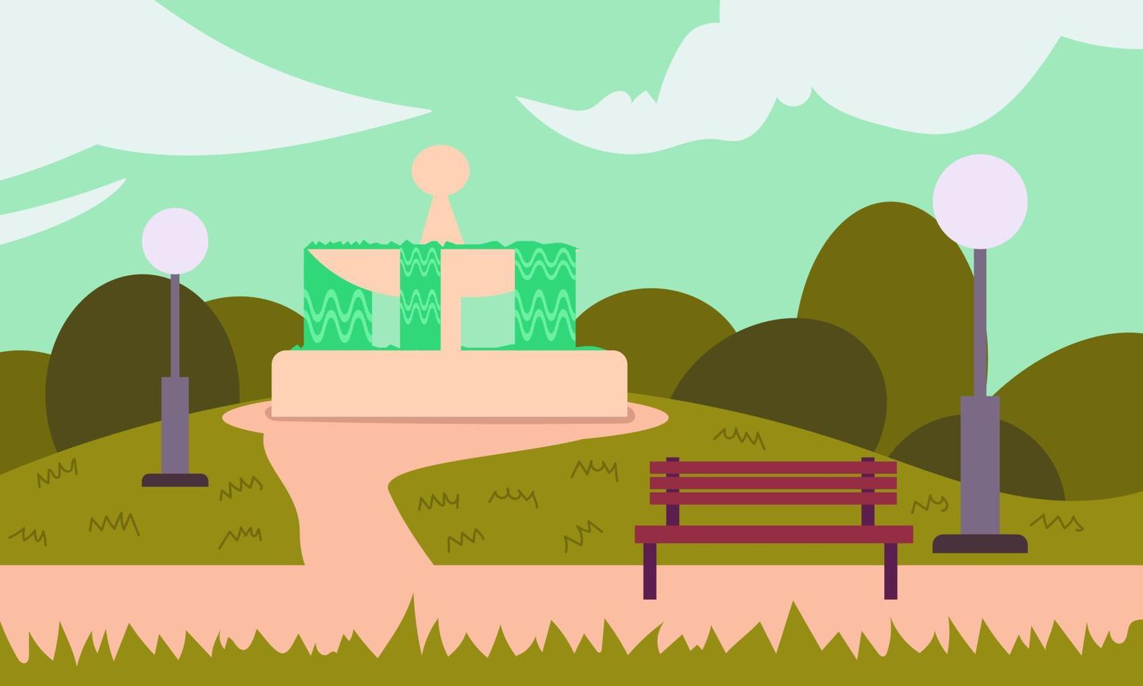 paisaje de verano y fondo de cielo de naturaleza con ilustración de vector de campo de prado de árbol y hierba. colina de dibujos animados y ambiente de temporada al aire libre. bosque horizonte campo y parque con fuente