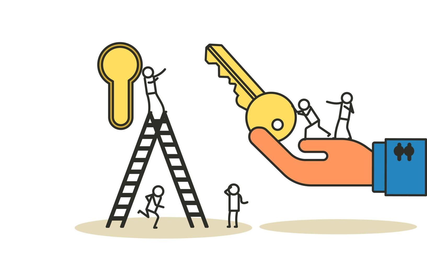 Key achievement business takeaway concept vector illustration success solution. Strategy creative hand leadership plan with keyhole. Lock process target banner motivation. Unlock kpi security system