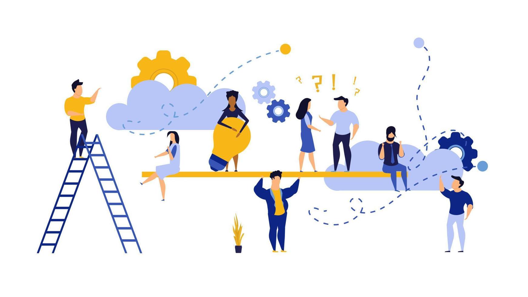 People teamwork idea vector illustration. Business work balance exercise harmony. Time investment concept background. Team mind man and woman group banner office. Career company success coworker