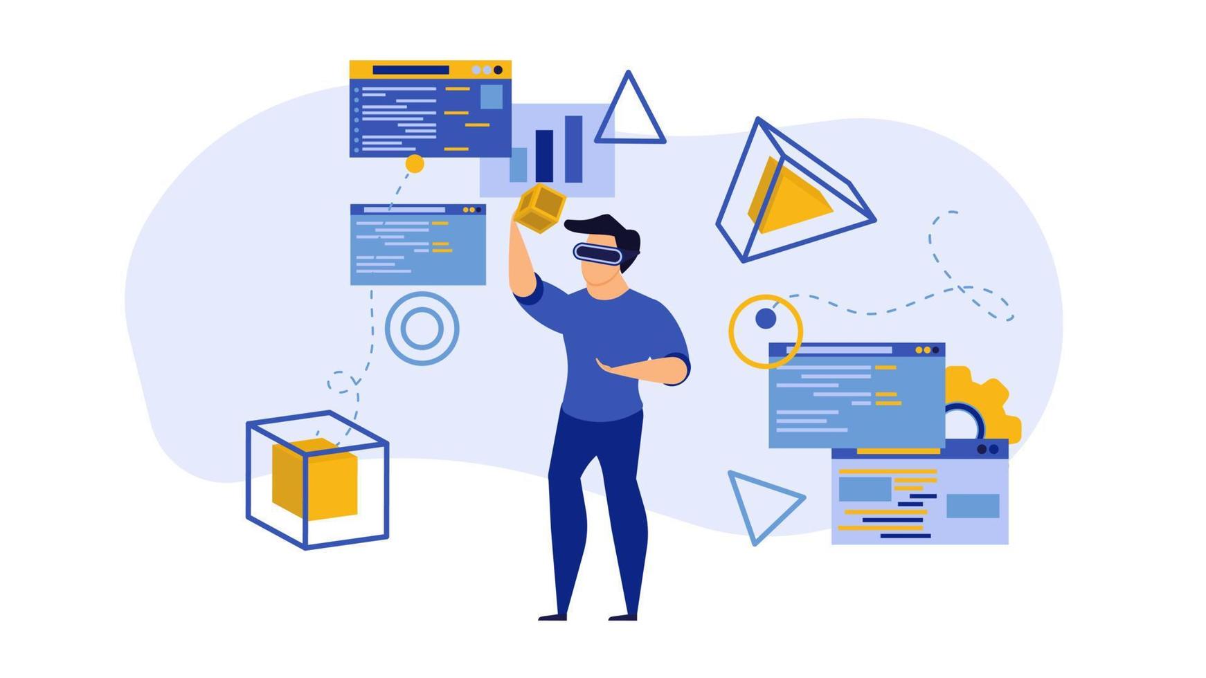 Vector game tech VR virtual reality technology illustration digital. Glass device headset innovation future electronic concept background. Visual cyberspace gadget network. Character simulation goggle