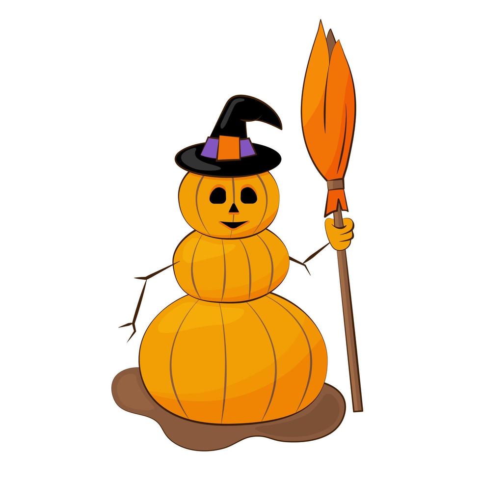 ilustración vectorial de un muñeco de nieve de calabaza. lindo personaje de halloween con una escoba en la mano y un sombrero negro. vector