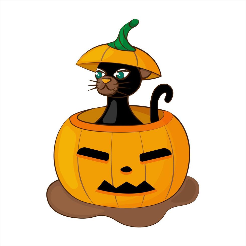 A black cat sits in a pumpkin. Halloween card. Vector illustration on white background.