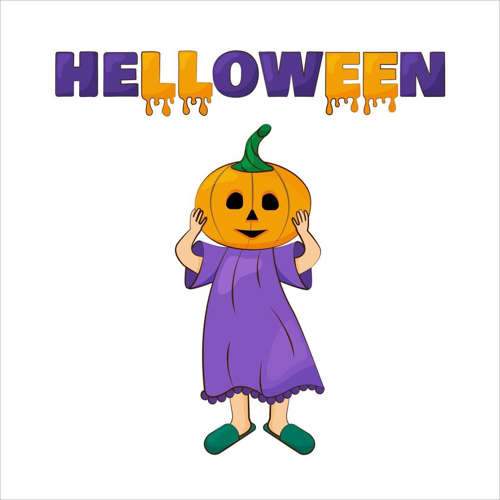 A girl with a pumpkin on her head on Halloween. Halloween card, bright vector illustration.
