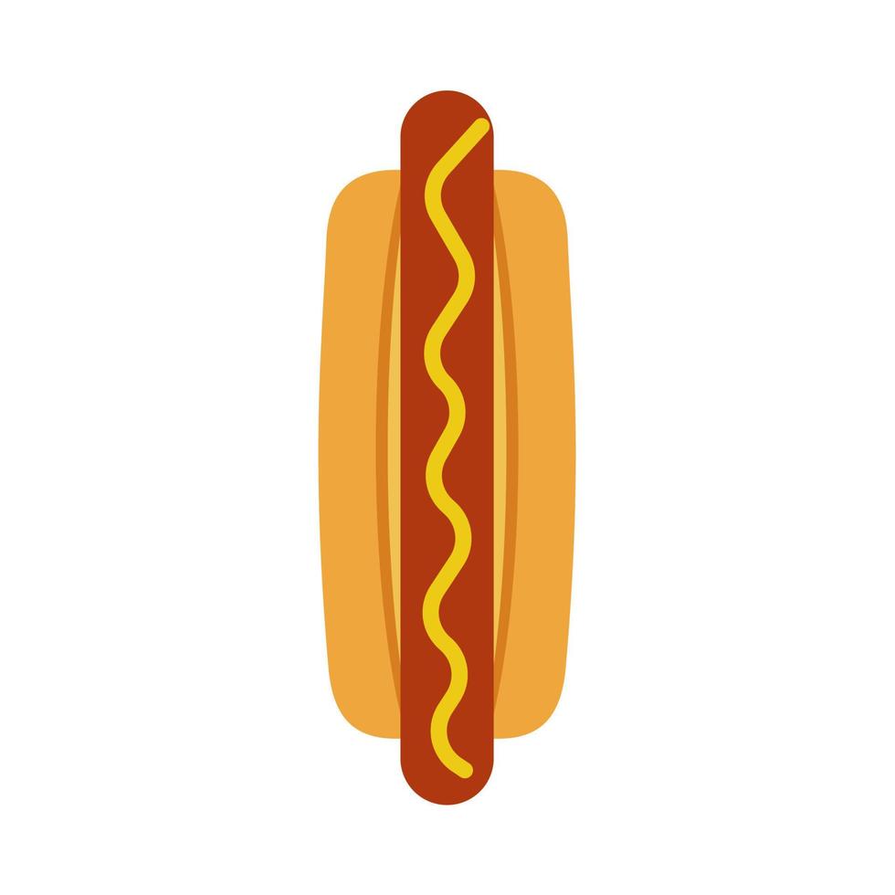 Hot dog dinner unhealthy delicious fastfood top view vector icon. Graphic food red sausage breakfast with yellow sauce.