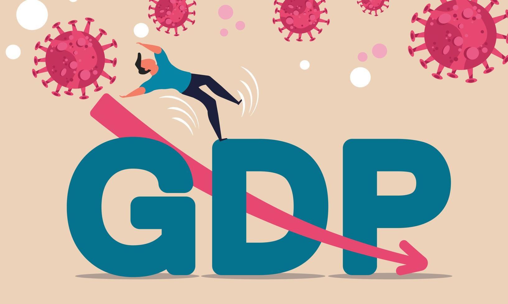 Gross domestic product - GDP forecast decline investment. Man impact low down and people panic on stock market vector illustration. Money debt government and crisis economic business. Graph arrow drop