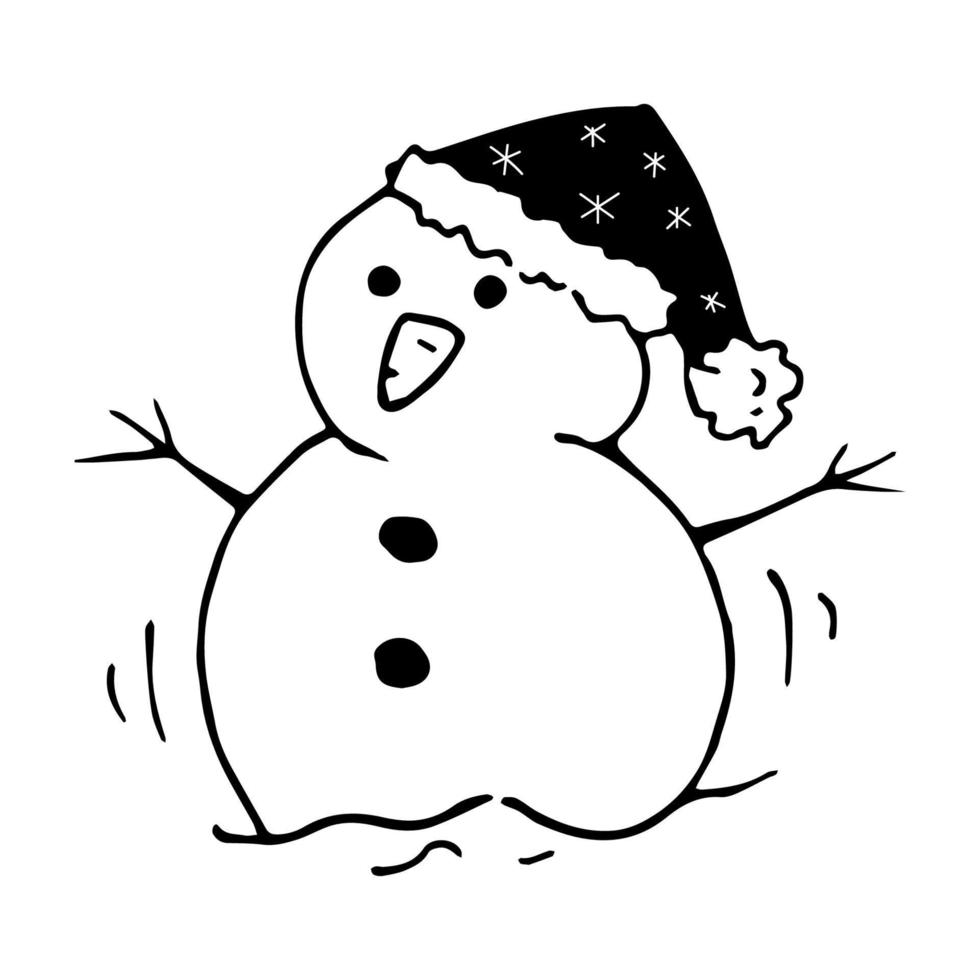 Hand drawn snowman in hat. Cute vector doodle illustration with snowman. Black and white clipart.