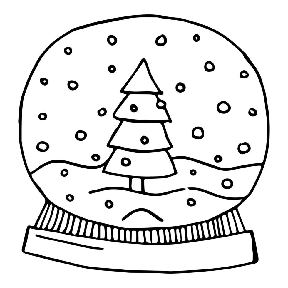 Doodle Christmas glass ball. Vector illustration with snow globe. Black and white doodle clipart for New Year.