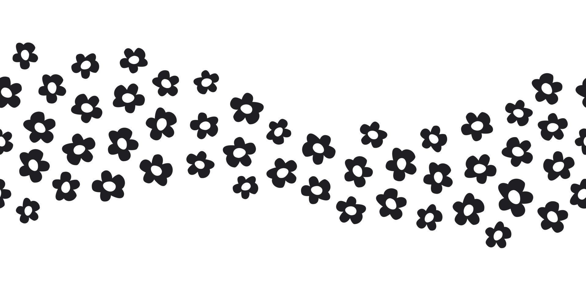 simple borde monocromático sin costuras con flores abstractas de silueta. fondo de pradera floral en blanco y negro, ilustración vectorial vector