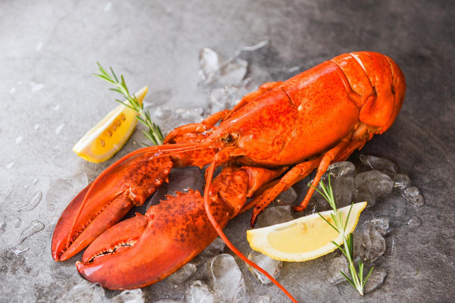 Fresh lobster food on a black plate background red lobster dinner seafood with herb spices lemon rosemary served table and ice in the restaurant gourmet food healthy boiled lobster cooked photo