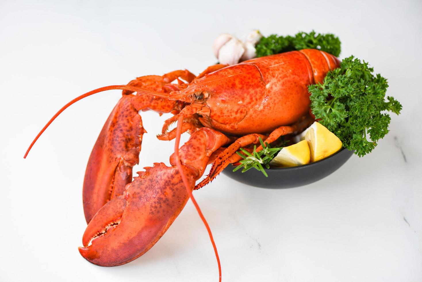 Fresh lobster food on a bowl and white table background - red lobster dinner seafood with herb spices lemon rosemary served table and in the restaurant gourmet food healthy boiled lobster cooked photo