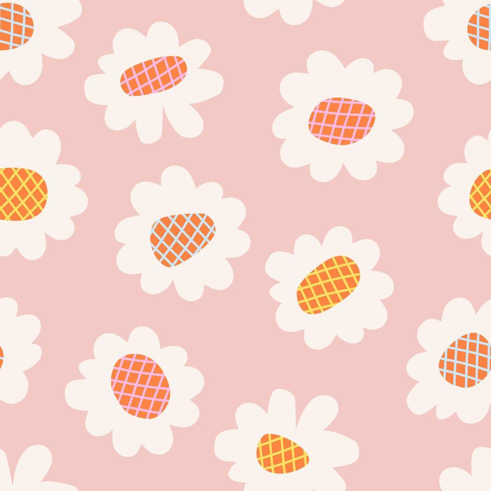 Simple flower seamless pattern on pink background. Floral design in pastel colors. Vector illustration