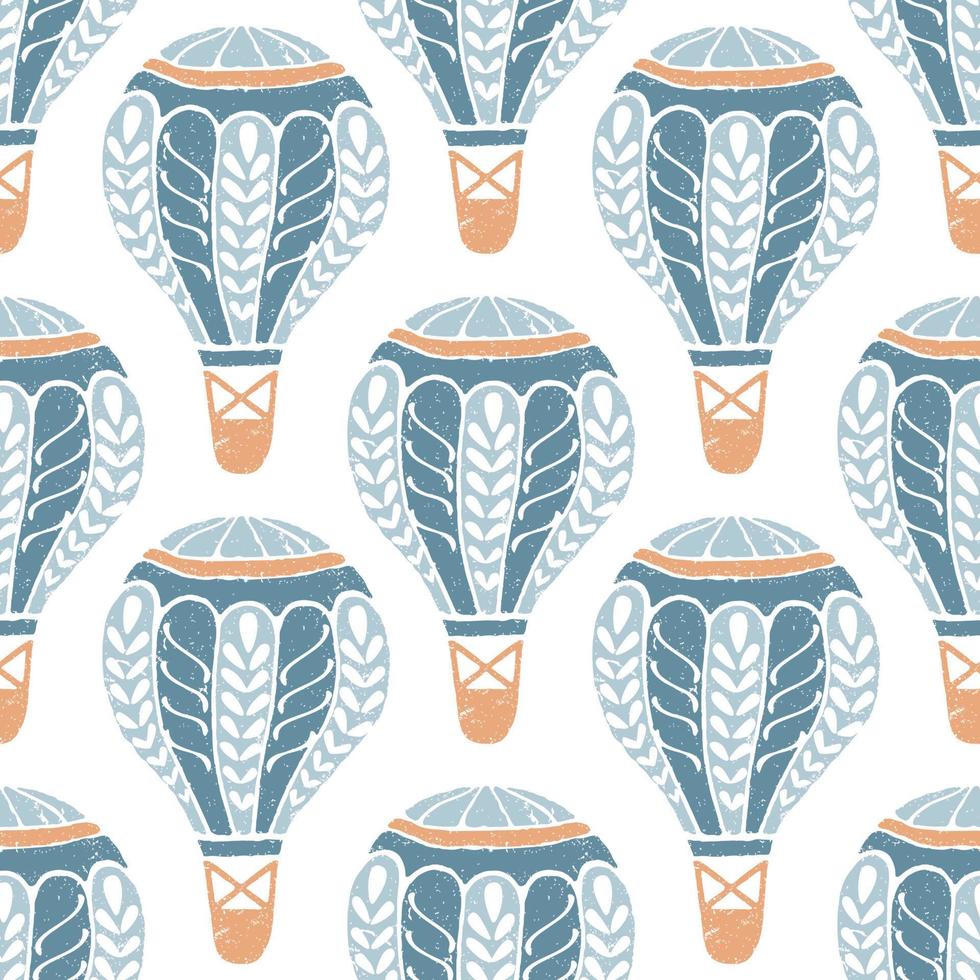 Pastel seamless pattern with hot air balloon. Vector background in block print style.
