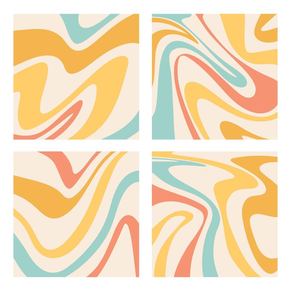 Groovy retro swirl background set. Psychedelic square banner. Vector illustration.