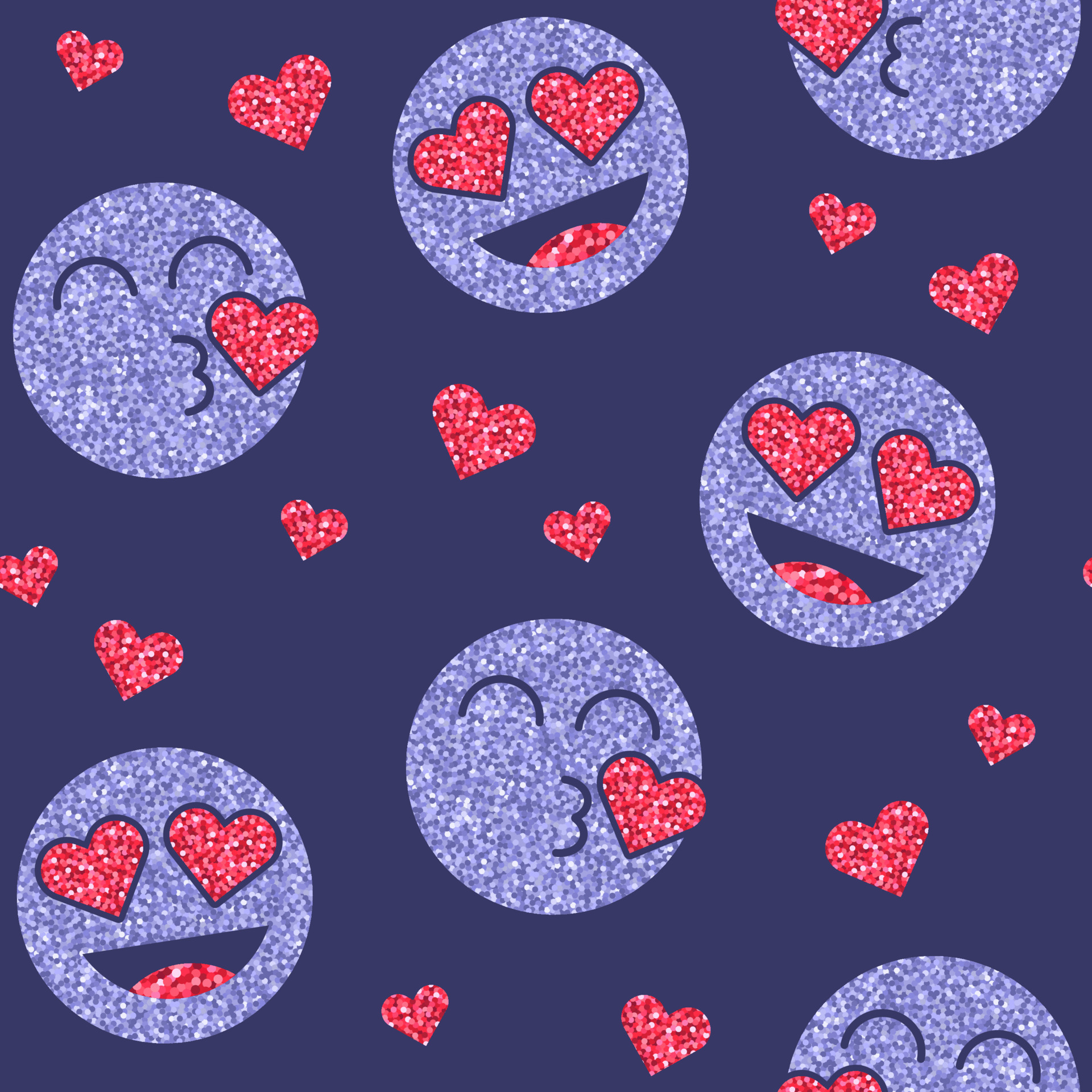Seamless pattern with glitter emoji icon. Emoticons sticker with kiss and pink heart. Vector